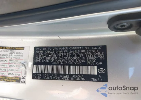 2007 Toyota Camry Xle from USA, damaged, VIN JTNBE46K673109576